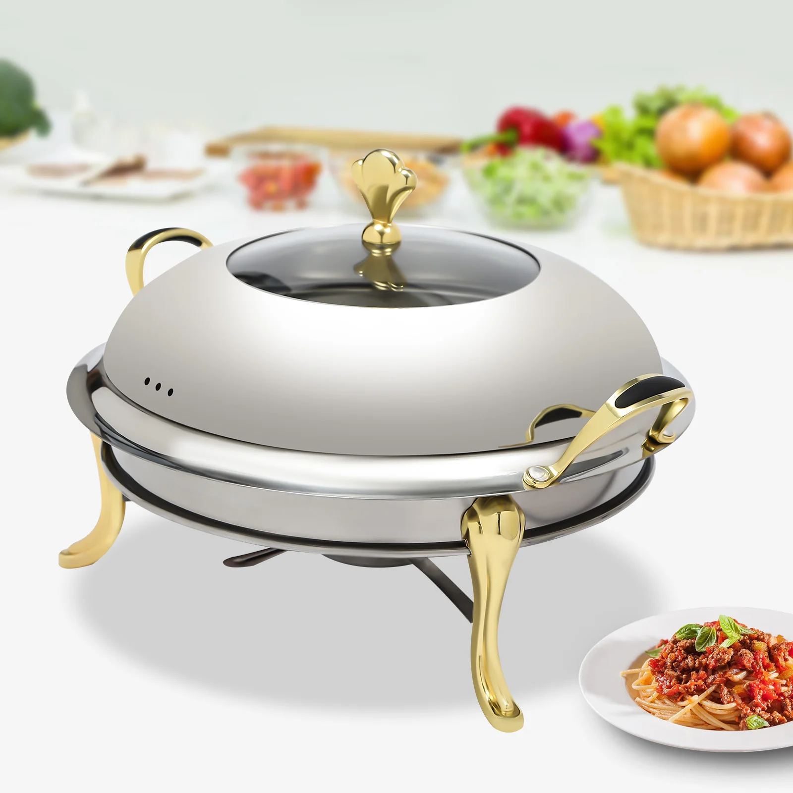Gold 26cm Round Stainless Steel Chafing Dish – 2.5L Buffet Warmer with Fuel Holder