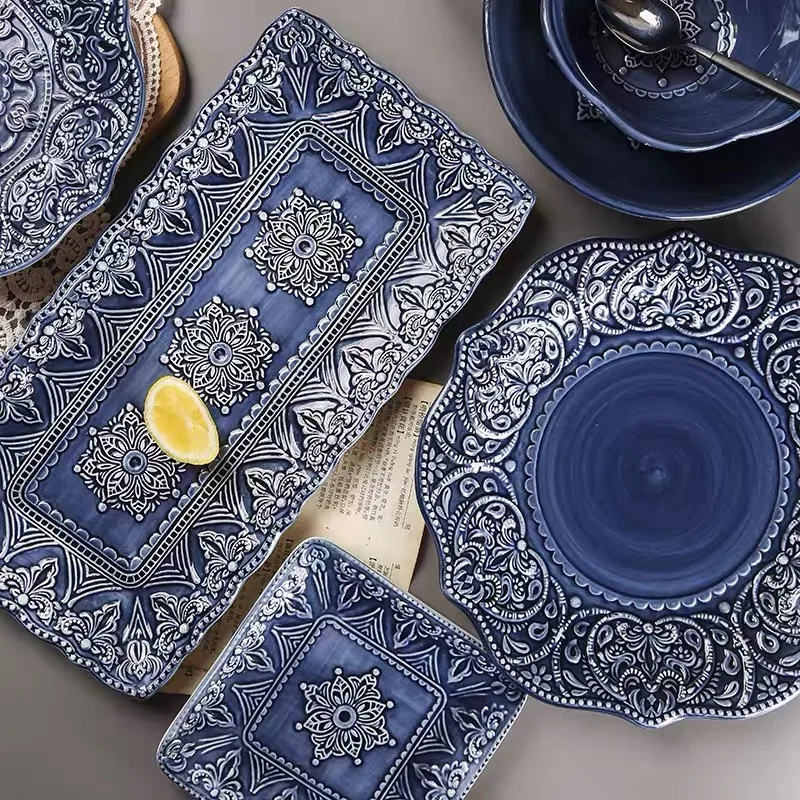 Blue Retro Relief Ceramic Tableware Dishes Set Porcelain Western Dinner Plates Dinnerware Steak Dish Dessert Noodle Bowl Cup - Image 6