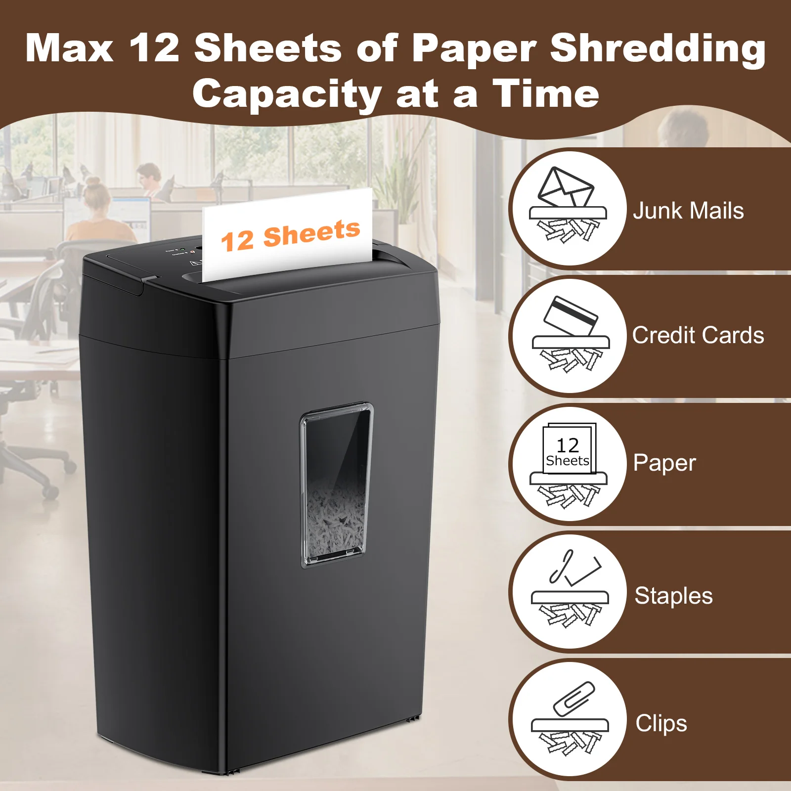 Bonsaii 12-Sheet Cross Cut Paper Shredder with portable hand for Home Office Use with 5.5 Gals Wastebasket