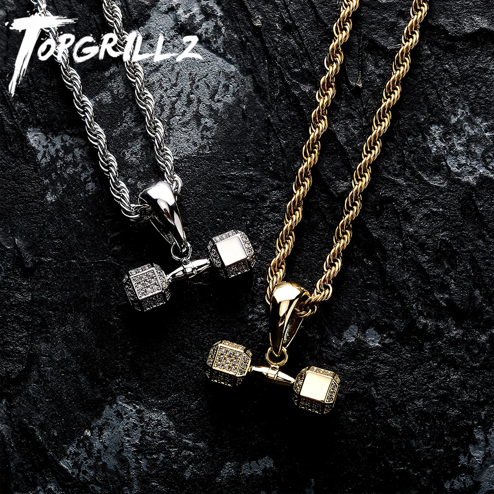 TOPGRILLZ Hip Hop Classic Dumbbell Pendant Necklace – Iced Out Bling Gold-Plated