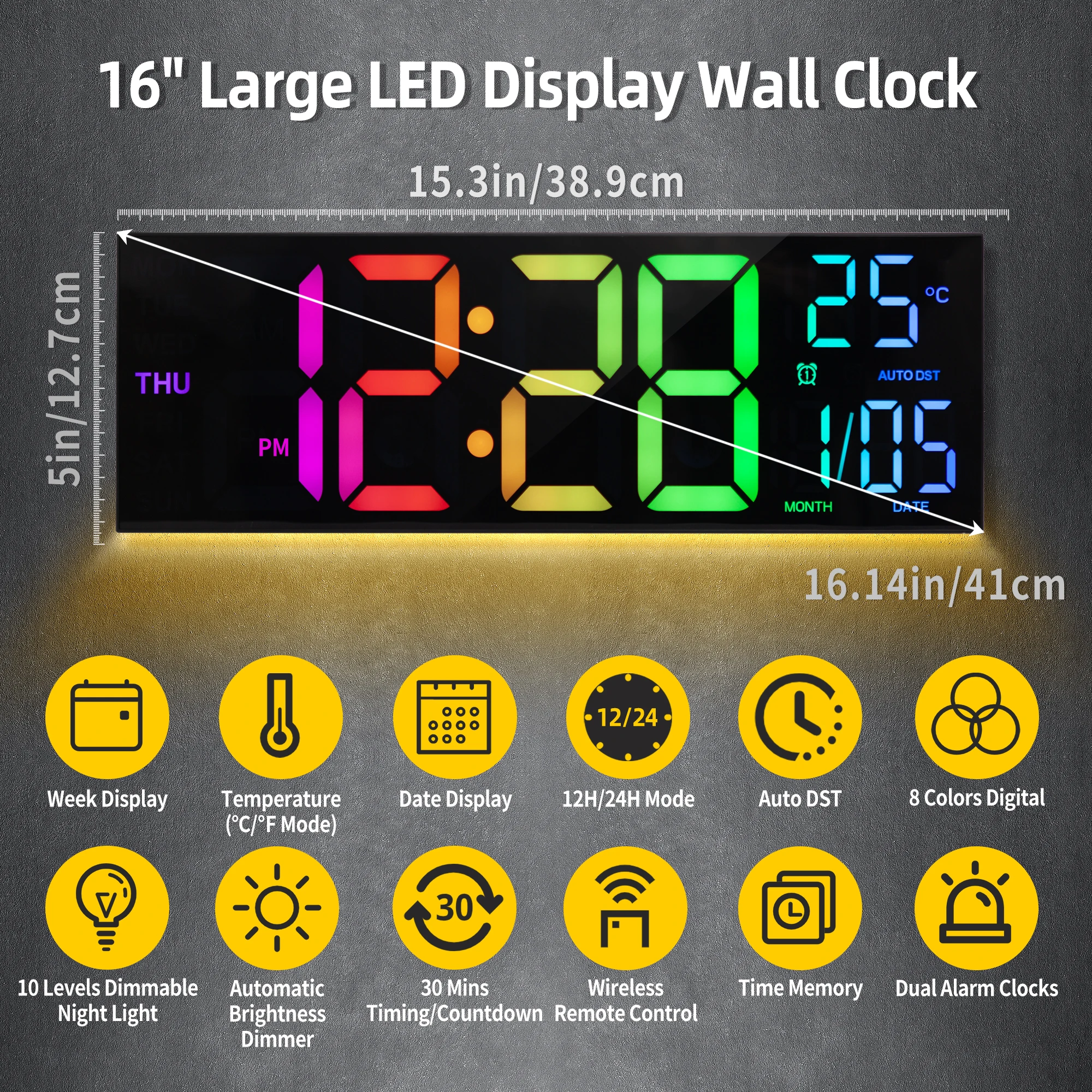 16" Large Digital Wall Clock, Big LED Display with Remote, 8 RGB Color, Alarm, DST, Temperature for Living Room, Kitchen - Image 2
