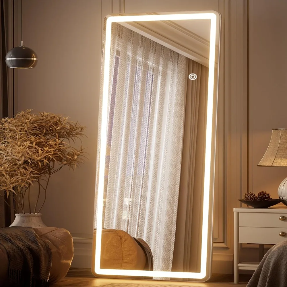 71 inch x 30 inch LED full-length mirror with rounded corners, bedroom/dressing room floor standing, tri color lighting, white