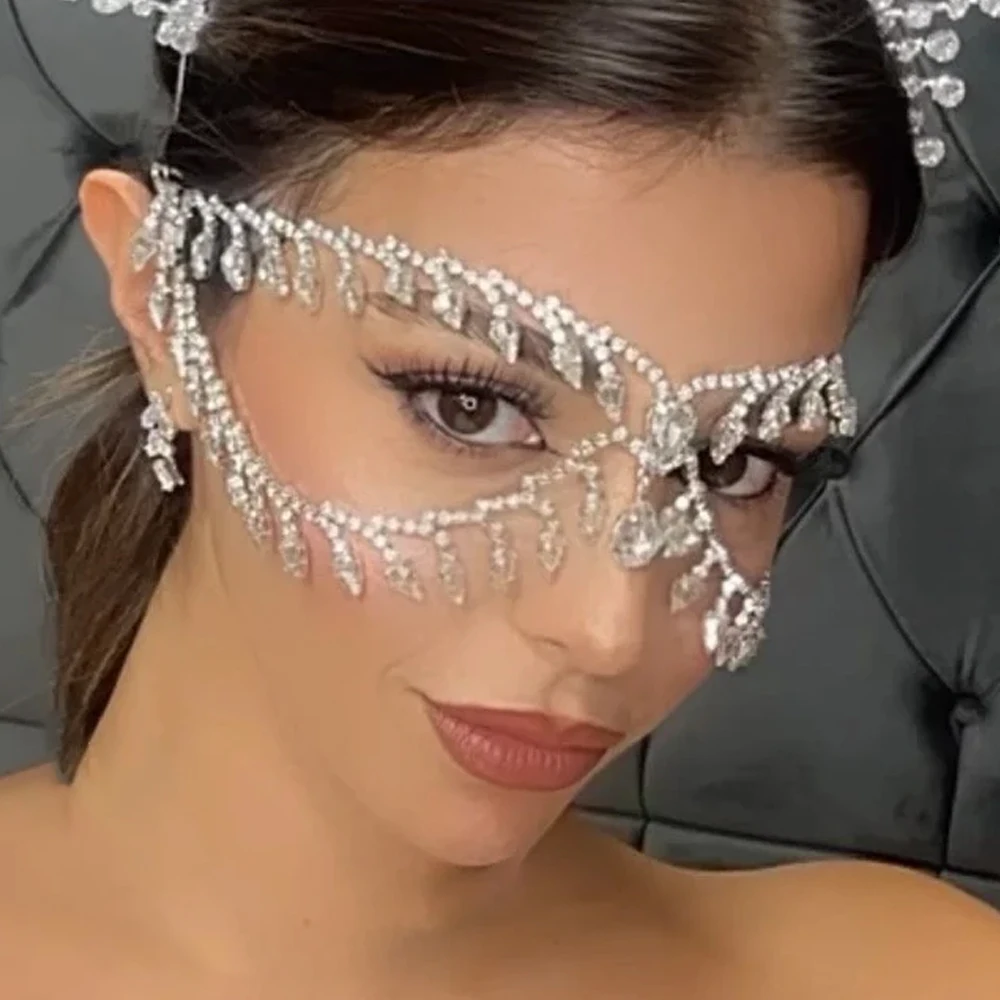 Stonefans Rhinestone Face Chain Mask – Crystal Tassel Headpiece for Halloween & Carnival