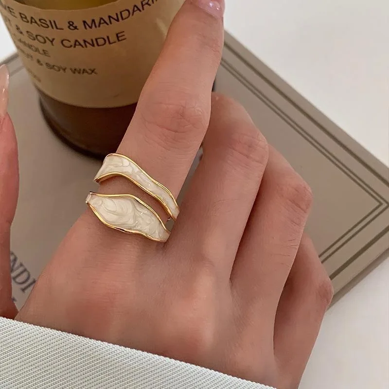 Vintage Enamel Irregular Open Ring – Gold Adjustable Geometric Statement Jewelry