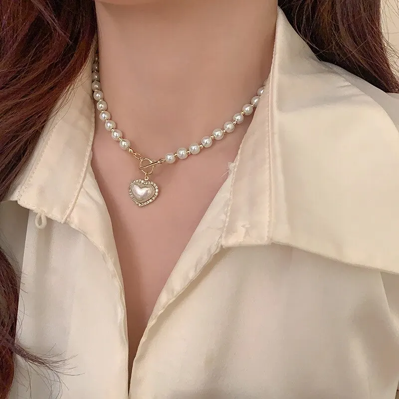 Elegant Pearl Heart Pendant Necklace Luxury Imitation Pearls Chain Korean Jewelry Gift for Women - Image 2
