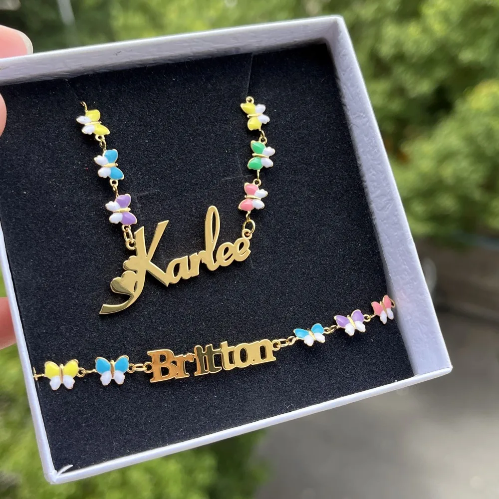 DUOYING Custom Name Butterfly Necklace & Bracelet Set – Stainless Steel, Mixed Color Enamel - Image 5