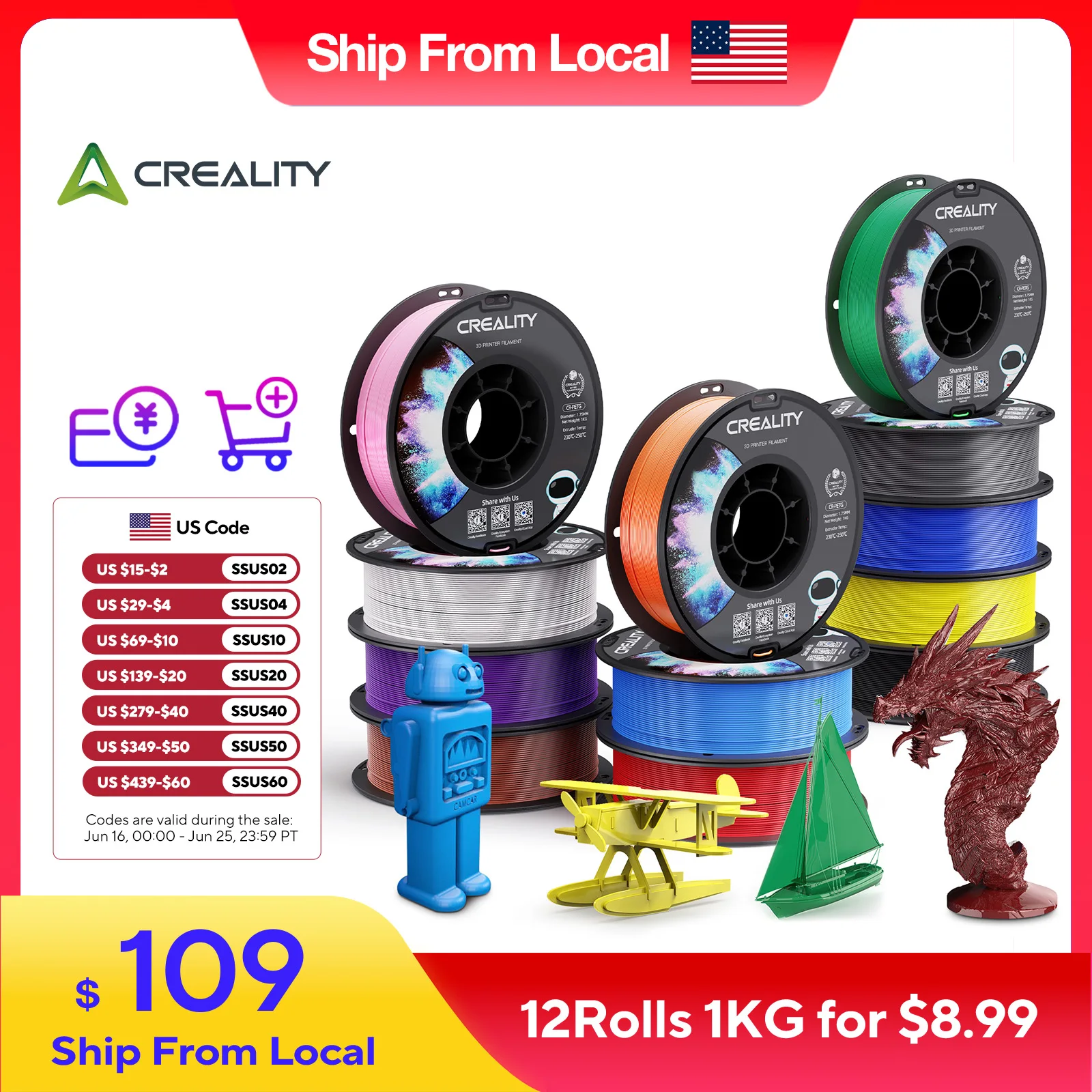 Creality PETG 3D Printer Filament 1.75mm 12 Rolls 1KG/roll Glossy Printing Filaments 3D Printer Materials High Temperature