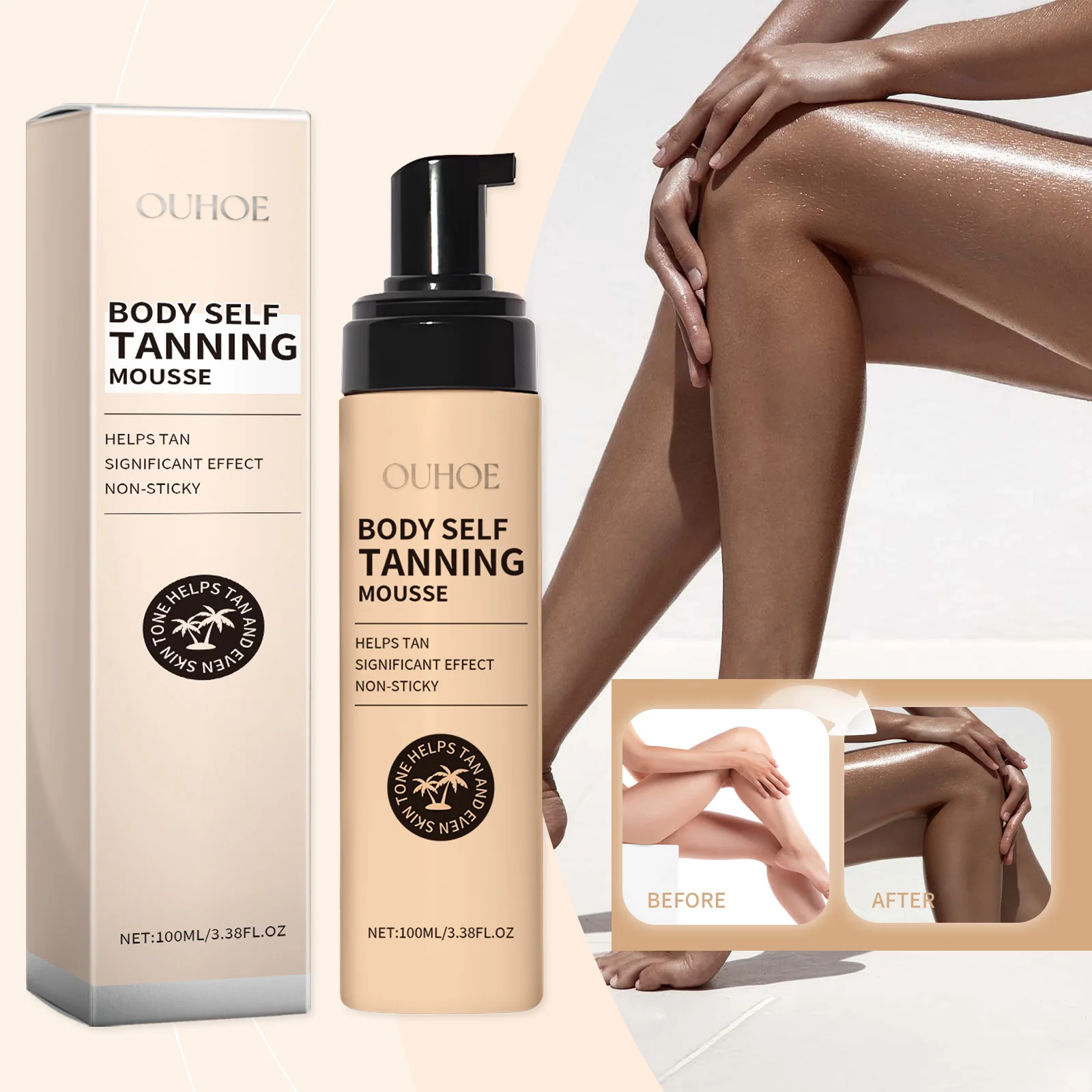 Ouhoe Self Tanning Mousse – Natural Bronzer for Face & Body, Streak-Free, Moisturizing Formula