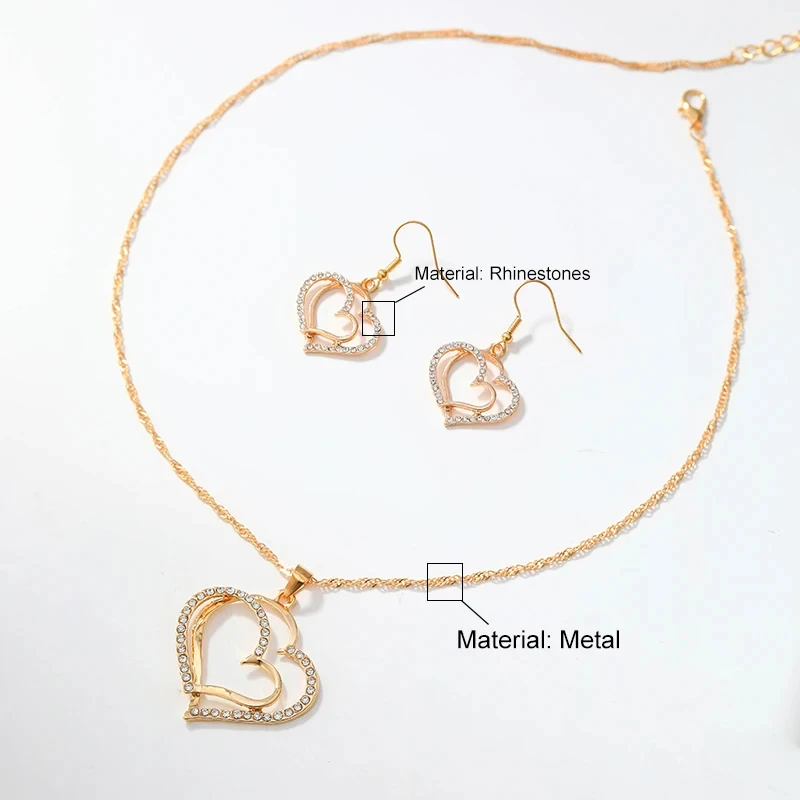 3pcs Heart-Shaped Jewelry Set Earrings Pendant Necklace Women Rhinestone Fashion Jewelry - Image 6