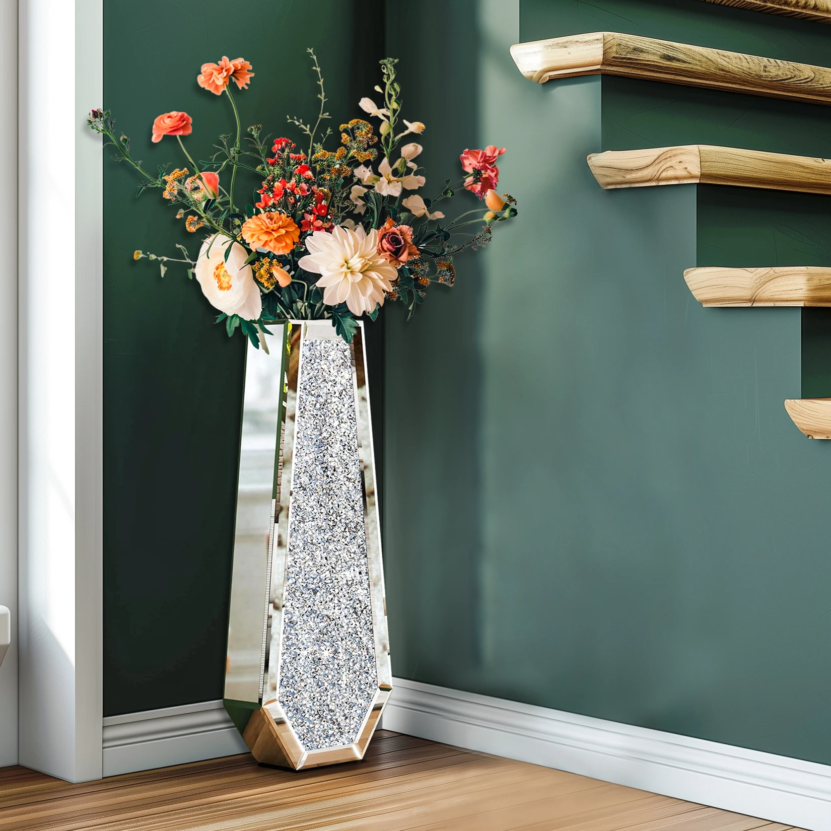 2 Shapes 68CM Crushed Diamond Decorative Mirrored Floor Vase Crystal Silver Glass Flower Vase for Pampas Grass Artificial Flower - Image 2