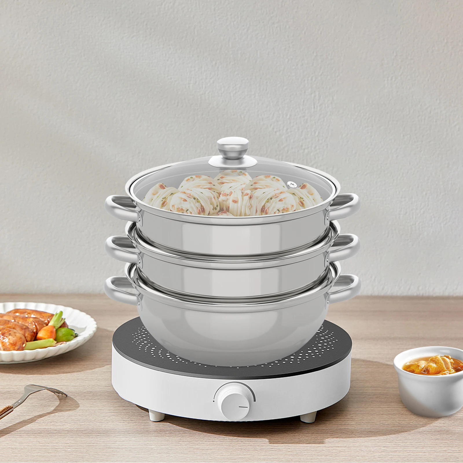3-Tier Stainless Steel Steamer Pot with Glass Lid – Stackable, Dishwasher Safe, Induction Compatible