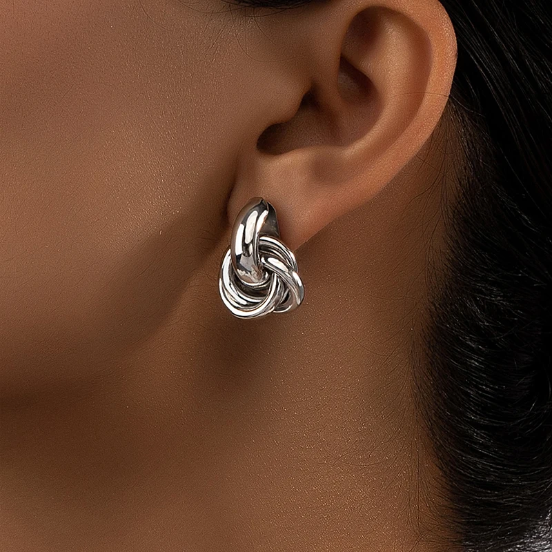 Obega Gold Silver Color Knot Hoop Earrings Women Shiny Plating Trendy Stud Daily Wear Jewelry - Image 6