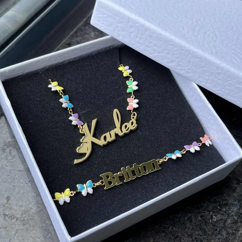 DUOYING Custom Name Butterfly Necklace & Bracelet Set – Stainless Steel, Mixed Color Enamel - Image 3