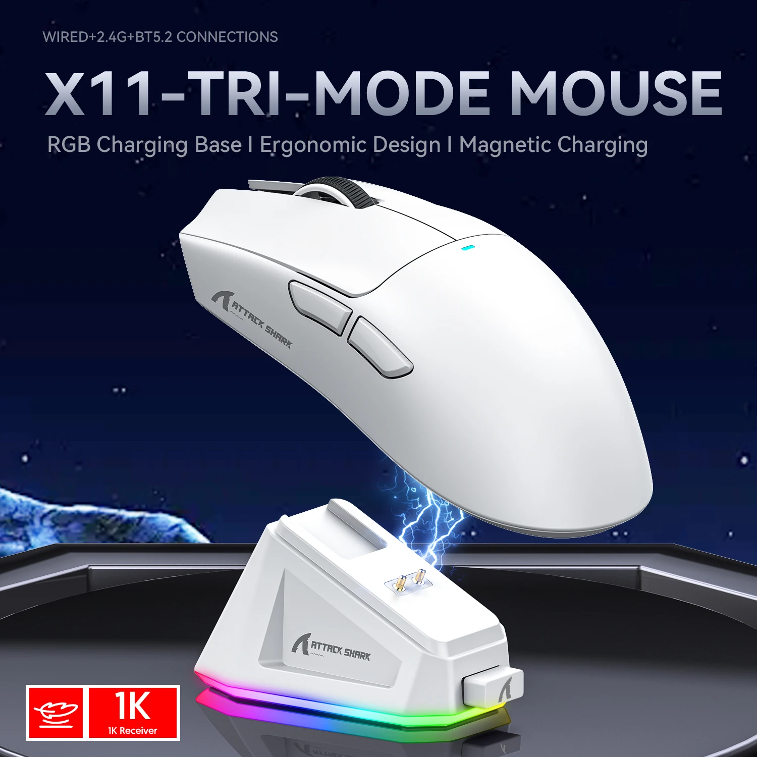 ATTACK SHARK X11 Lightweight Wireless Gaming Mouse with RGB Backlight Charging, Up to 22K DPI, PAW3311 Optical Sensor, HUYU Swit