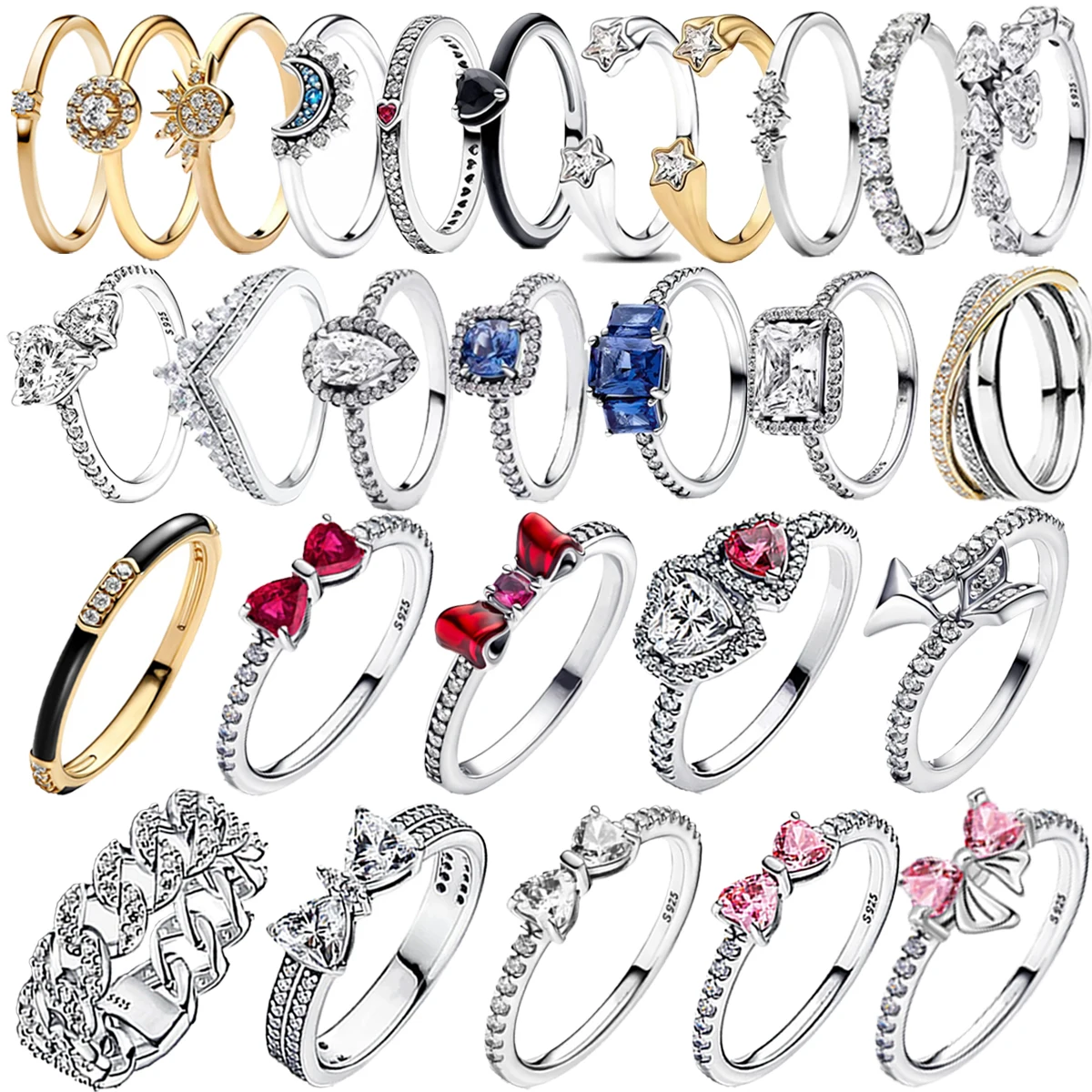 925 Silver Celestial Ring Set – Heart, Bow, Sun, Moon & Star Charms