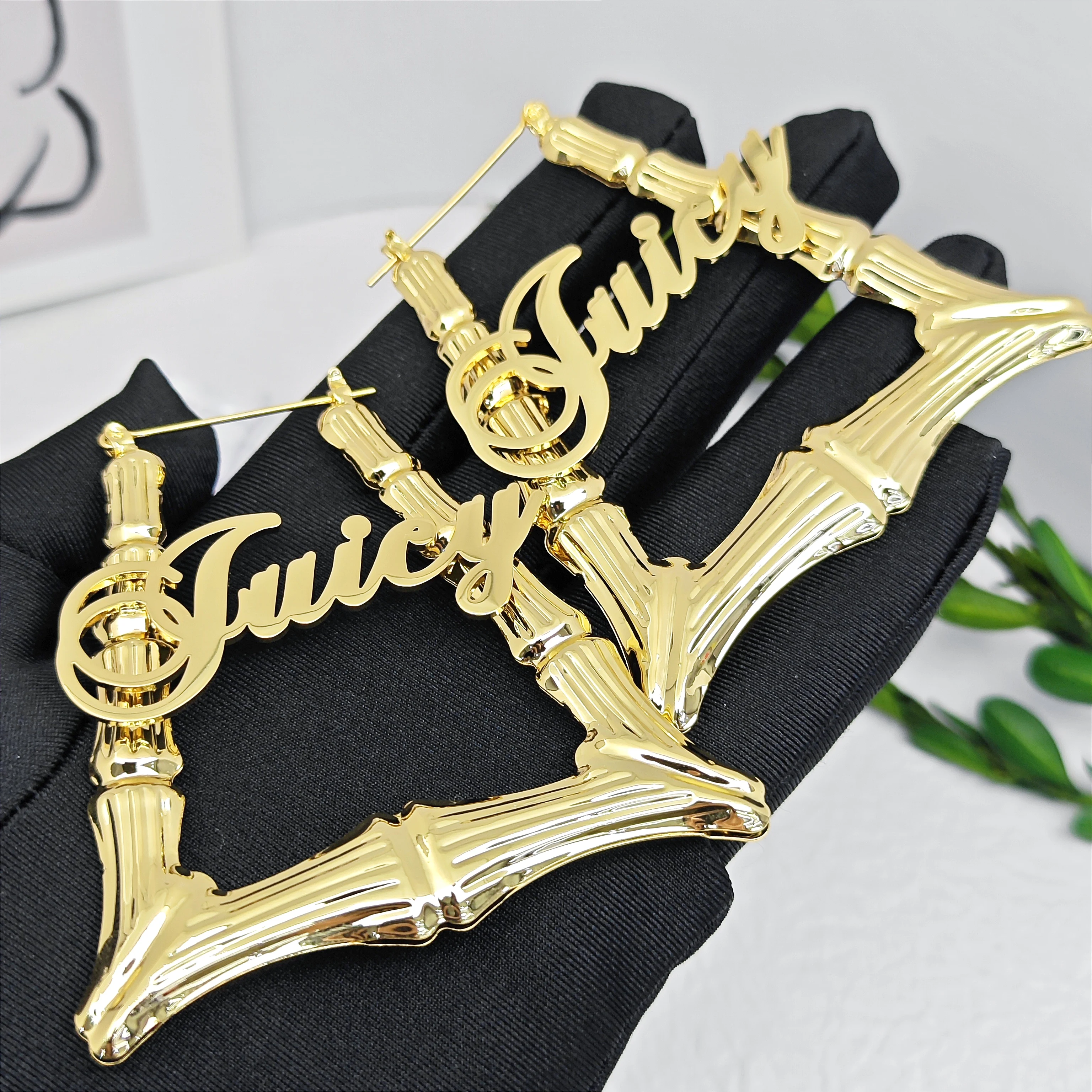 Lateefah DIY Custom Letter Stainless Steel Ladder Trapezoidal Bamboo Hoop Earrings