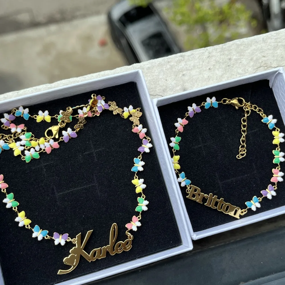 DUOYING Custom Name Butterfly Necklace & Bracelet Set – Stainless Steel, Mixed Color Enamel - Image 4
