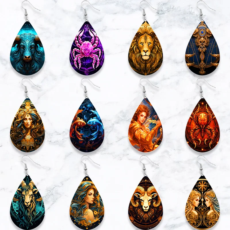 SOMESOOR Zodiac Wooden Teardrop Earrings – Leo, Libra, Scorpio Pendant Dangle Jewelry