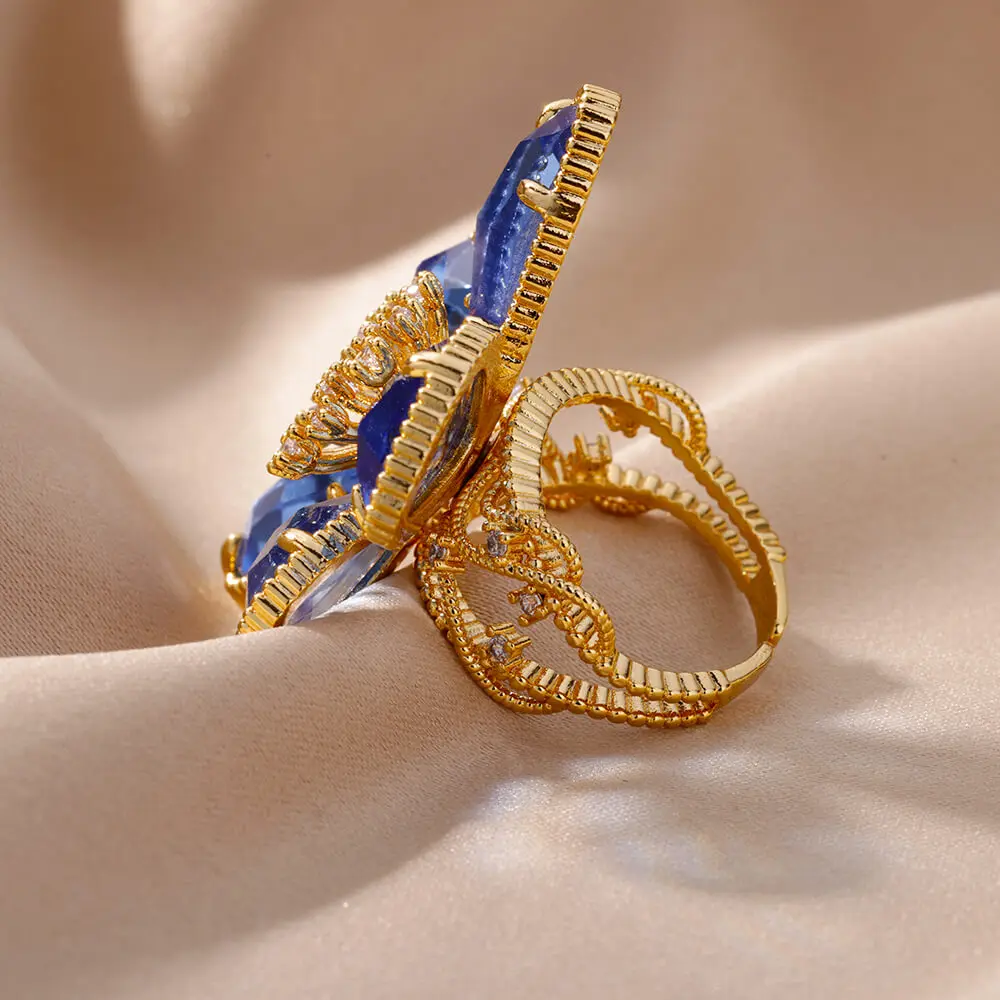 Stainless Steel Blue Zircon Adjustable Flower Ring for Women Wedding Jewelry Gift - Image 5