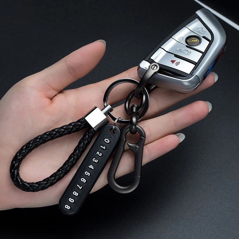 Trendy DIY Mobile Phone Number Plate Pendant Keychain Men Punk Leather Rope Anti-lost Car Keychain Accessories - Image 2