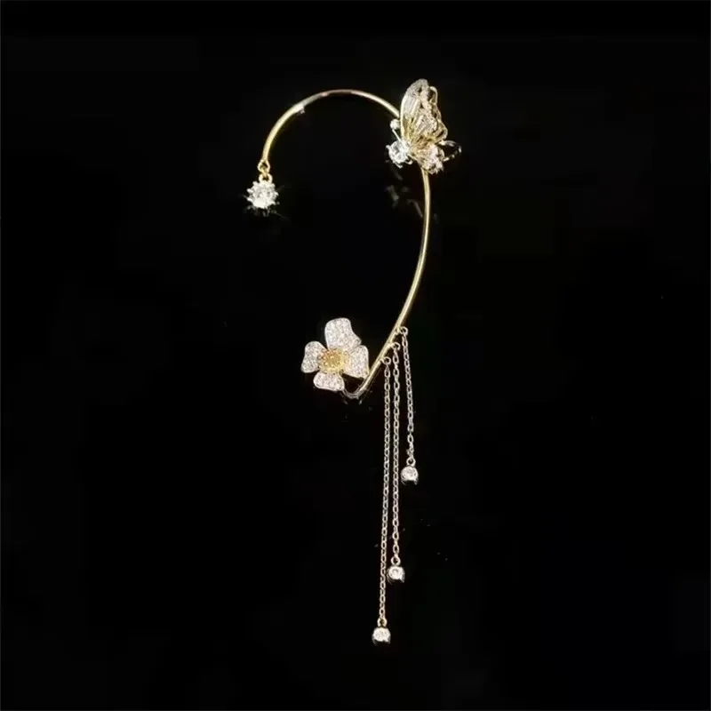 Fashion Crystal Butterfly Pearl Bead Tassel Clip Earrings Women Wedding Jewelry Gift - Image 3