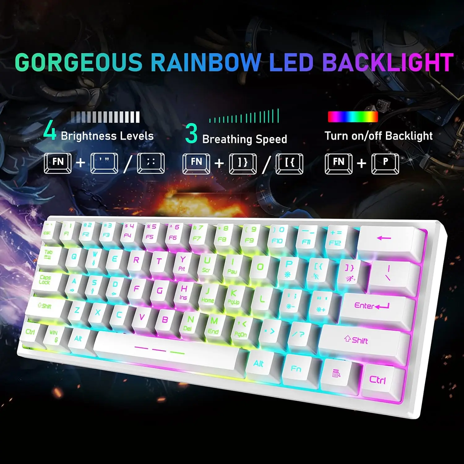 T61 Wireless Gaming Keyboard and Mouse Combo, Ergonomic 61 Key Rainbow LED Backlight Rechargeable 4000mAh Battery Mouse Pad - Image 3