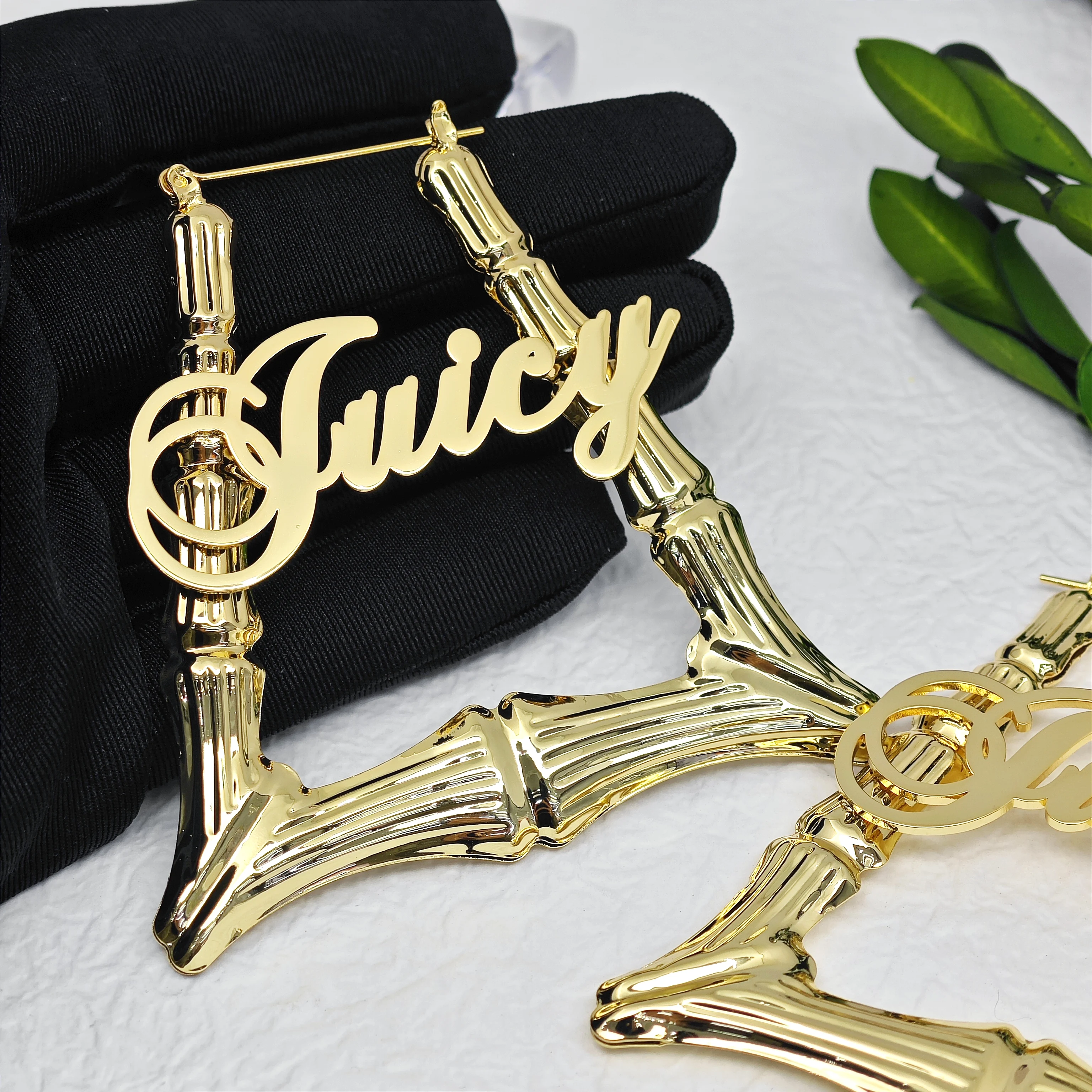 Lateefah DIY Custom Letter Stainless Steel Ladder Trapezoidal Bamboo Hoop Earrings - Image 2