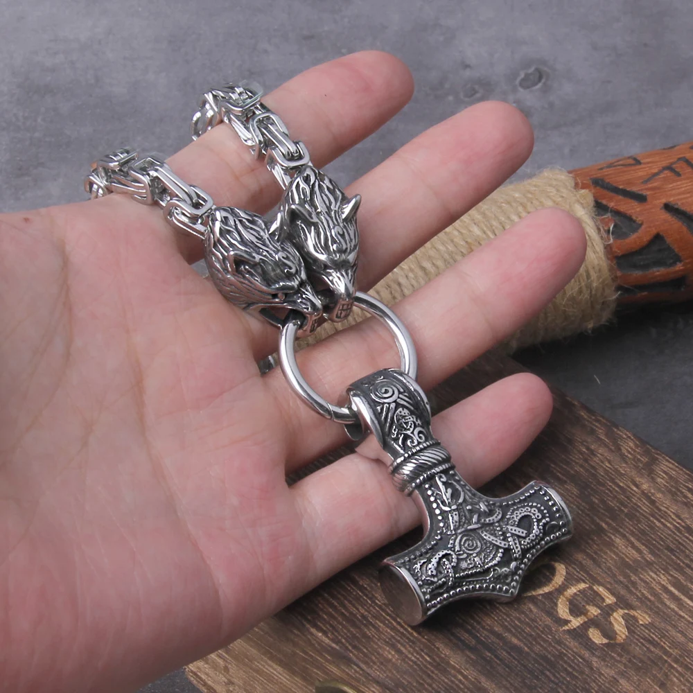 Viking Thor Hammer Pendant Titanium Steel Wolf Head Chain Retro Viking Jewelry - Image 3