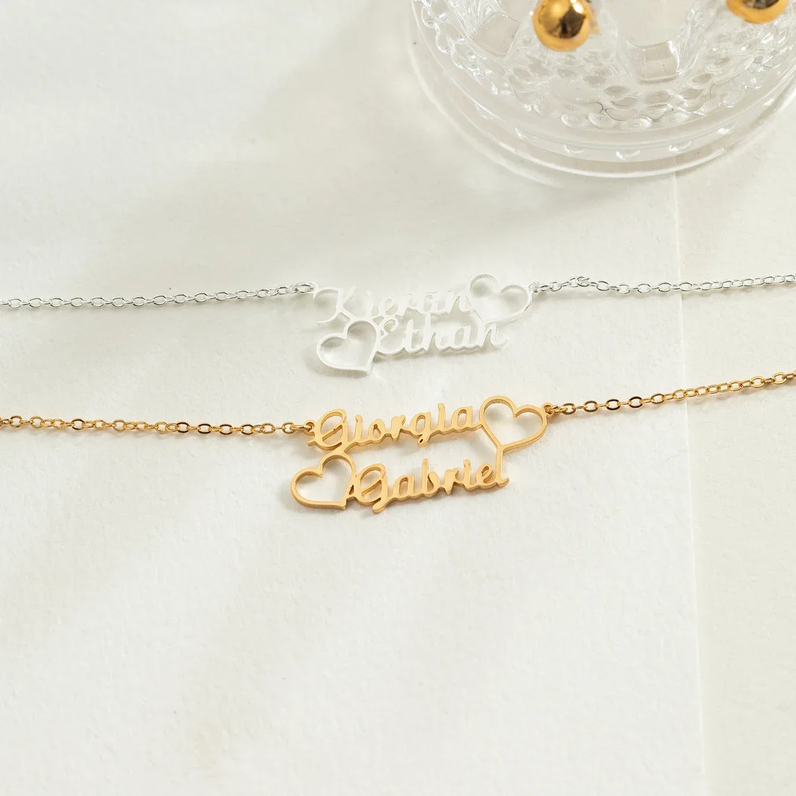 Personalized Gold Heart Name Necklace – Stainless Steel Double Pendant for Couples - Image 3
