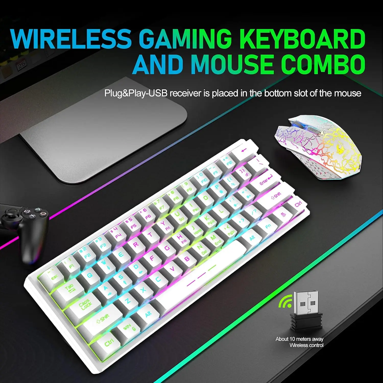 T61 Wireless Gaming Keyboard and Mouse Combo, Ergonomic 61 Key Rainbow LED Backlight Rechargeable 4000mAh Battery Mouse Pad - Image 2