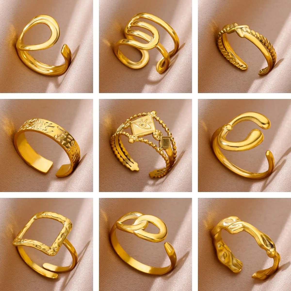 Stainless Steel Gold Vintage Evil Eye Hollow Adjustable Ring for Women