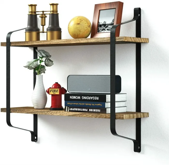 Wall Mounted Rack Display Wood Wall Shelves Rustic 2-Tier Wall Storage Shelf for Bedroom Living Room - Image 3