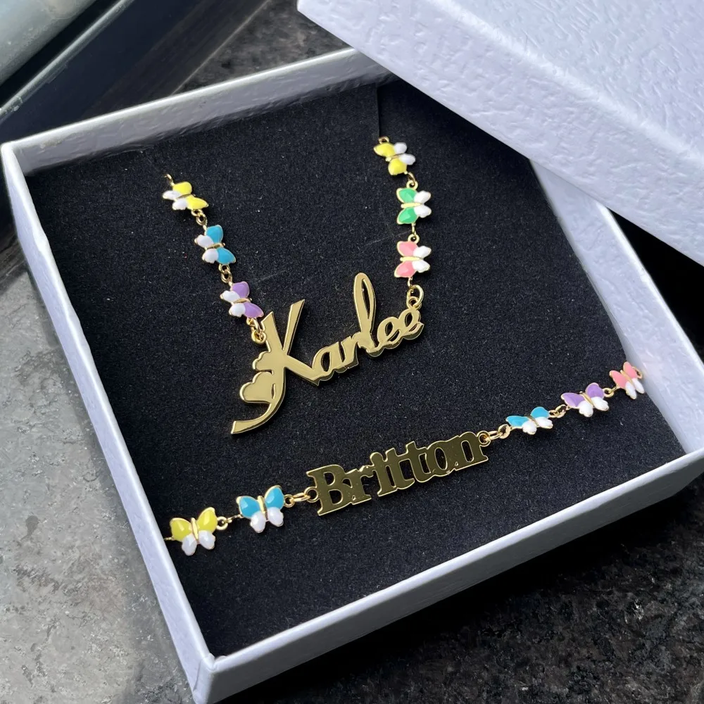 DUOYING Custom Name Butterfly Necklace & Bracelet Set – Stainless Steel, Mixed Color Enamel - Image 7