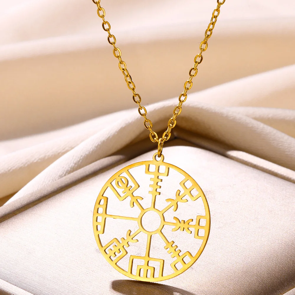 Men's Stainless Steel Viking Rune Compass Vegvisir Necklace Norse Protection Talisman