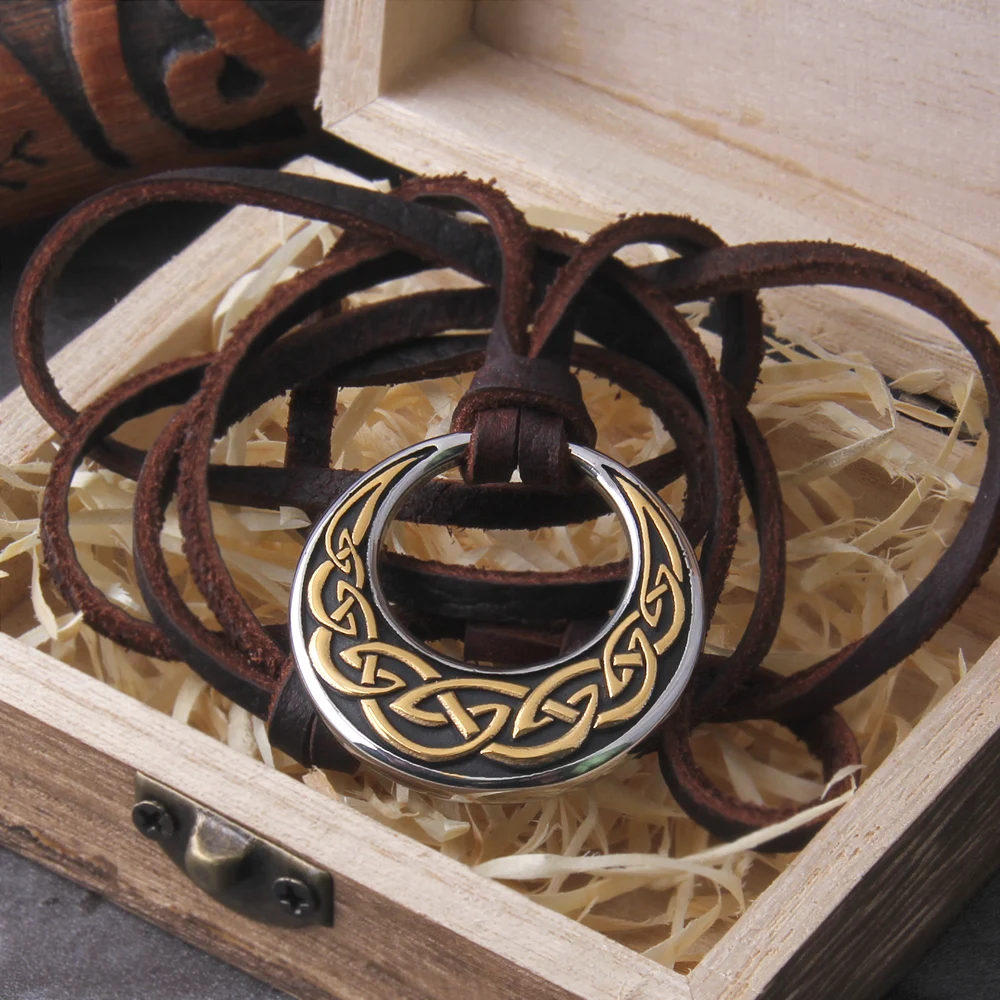 Never Fade Celtic Knot Round Pendant Necklace Adjustable Leather Cord Viking Wooden Box Gift - Image 5