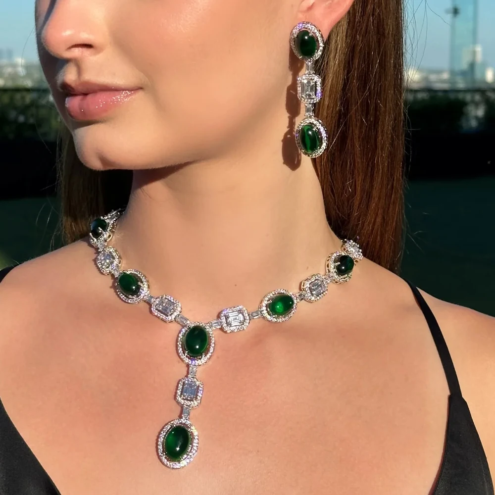 Luxury Green Crystal Bridal Jewelry Set – Zircon Necklace & Earrings - Image 3