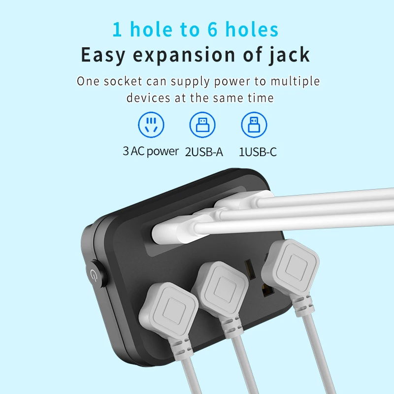 6‑in‑1 Power Strip Cube – 3 AC Outlets, 2 USB‑A & 1 USB‑C with Switch - Image 6