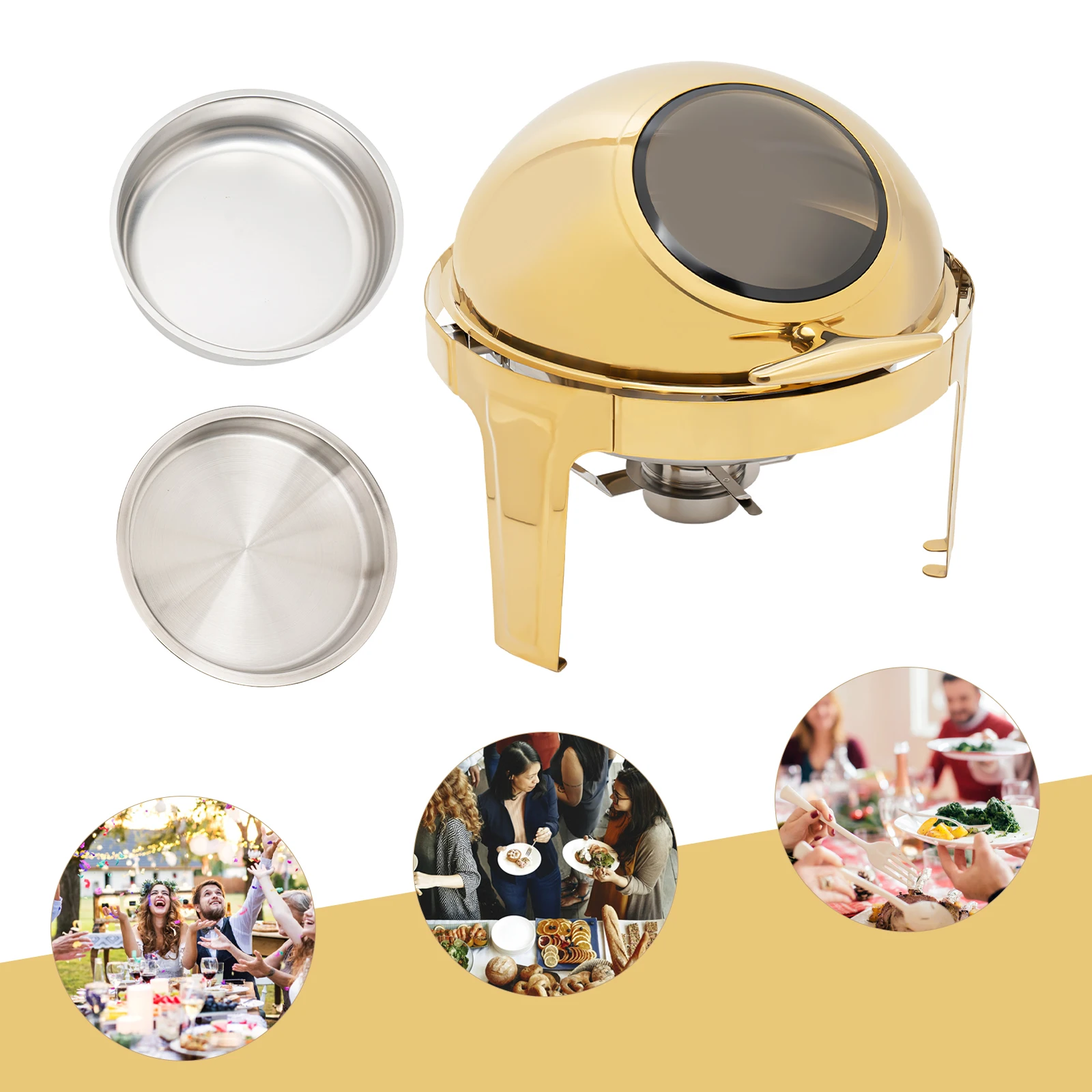 6.34Qt Round Roll Top Chafing Dish Buffet Set – Stainless Steel Food Warmer with Thickened Fuel Frame