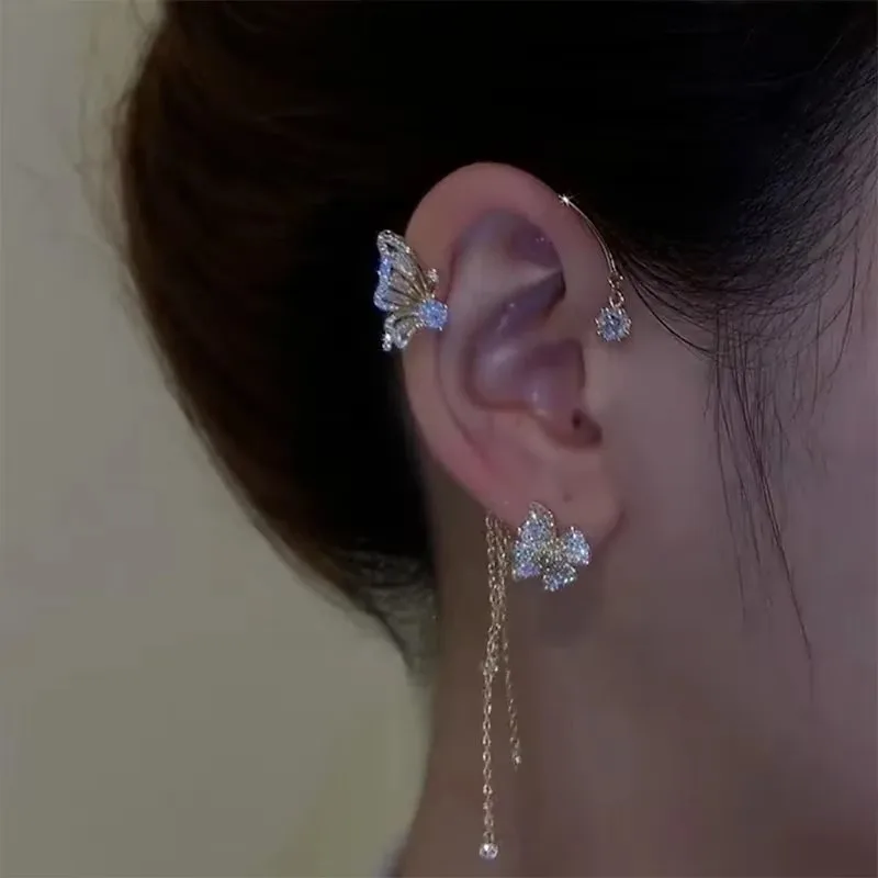 Fashion Crystal Butterfly Pearl Bead Tassel Clip Earrings Women Wedding Jewelry Gift - Image 5