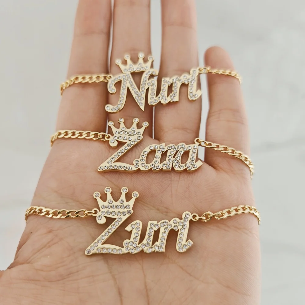 Personalized Rhinestone Crown Name Necklace Custom Nameplate Pendant for Girls