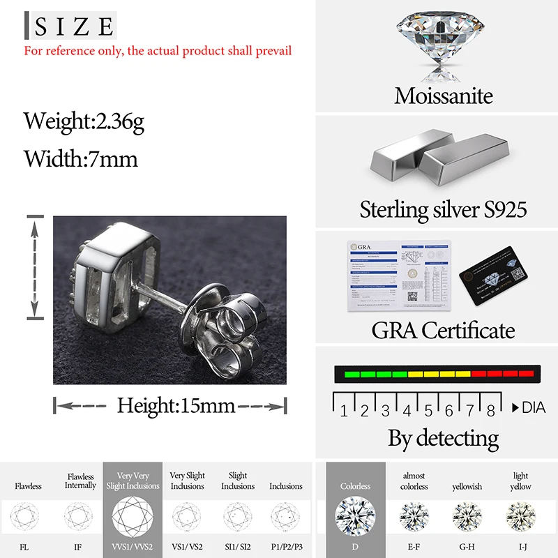 D VVS Moissanite Stud Earrings – S925 Silver, Platinum-Plated, Wedding Jewelry - Image 2