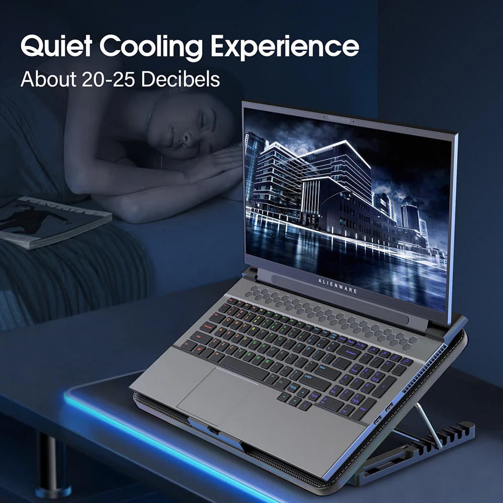 Coolcold 15.6-17.3inch Laptop Cooling Pad with 6 Quiet Fans,7 Height Wind Speed Adjustable,Laptop Cooer With Mobile Phone holder - Image 3