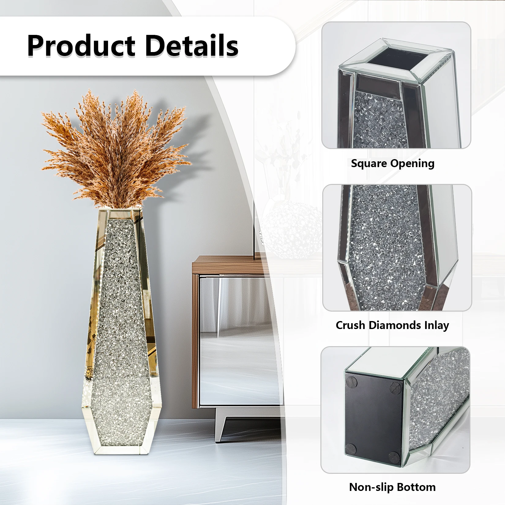 2 Shapes 68CM Crushed Diamond Decorative Mirrored Floor Vase Crystal Silver Glass Flower Vase for Pampas Grass Artificial Flower - Image 5