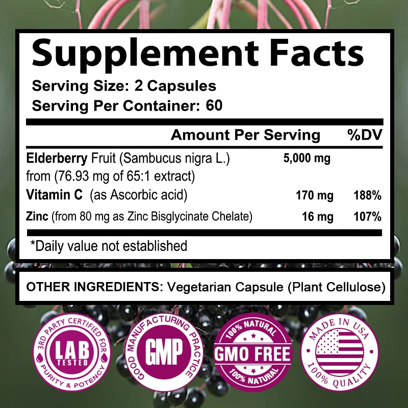 Elderberry 5 000 mg + Vitamin C & Zinc – Immune & Skin Support, 120 Caps - Image 6