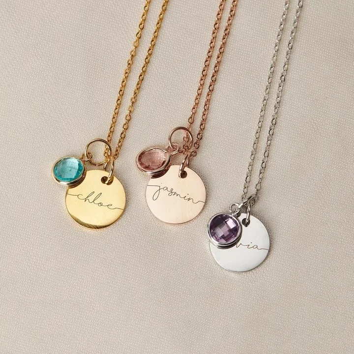 Personalized Birthstone Pendant Stainless Steel Laser Engraved Name Necklace Memorial Gift