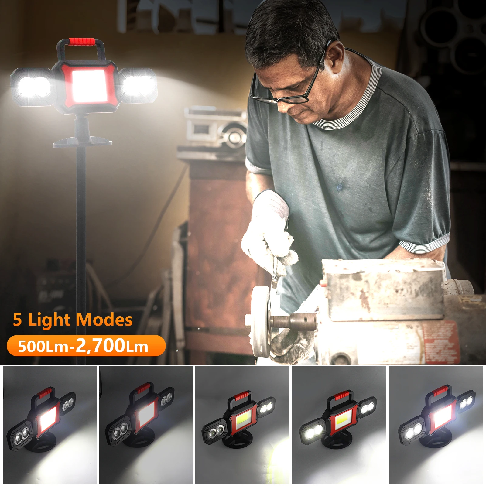 25W Rechargeable Work Light – 2700LM Magnetic LED Job Site Lamp - Image 4