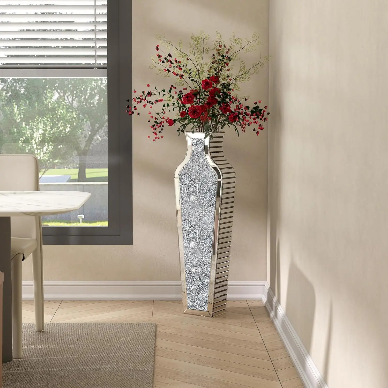 2 Shapes 68CM Crushed Diamond Decorative Mirrored Floor Vase Crystal Silver Glass Flower Vase for Pampas Grass Artificial Flower - Image 3