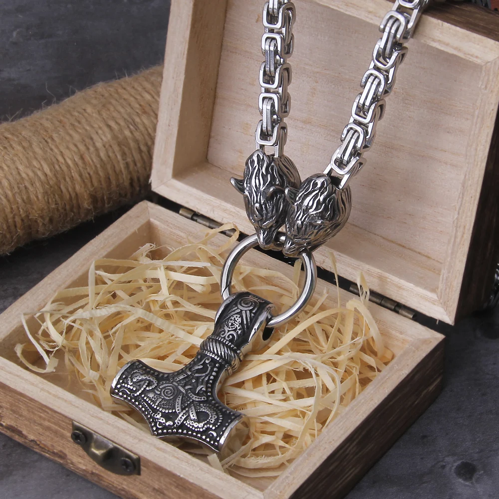 Viking Thor Hammer Pendant Titanium Steel Wolf Head Chain Retro Viking Jewelry - Image 2