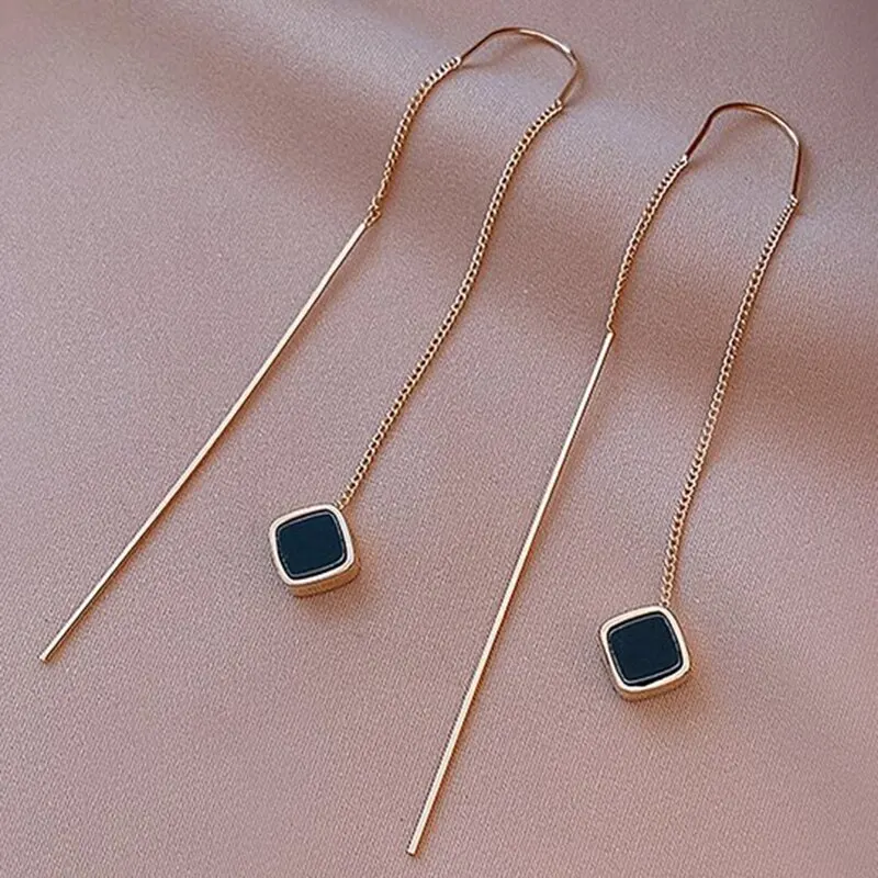 Simple Geometric Square Drop Earrings Women Korean Fashion Gold Line Long Tassel Dangle Jewelry Gift