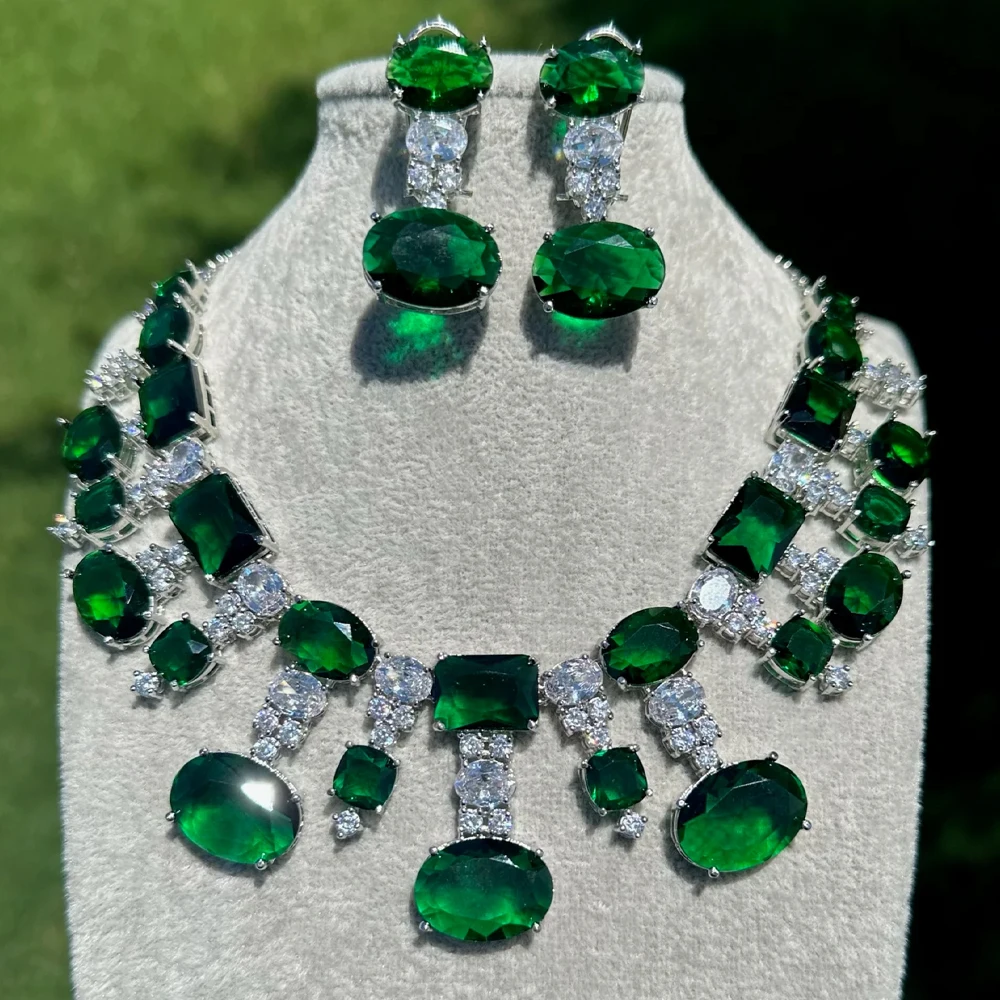 Luxury Green Crystal Bridal Jewelry Set – Zircon Necklace & Earrings - Image 2